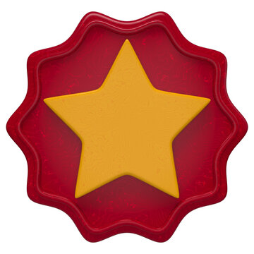 3D Yellow Star Icon Inside Red Scalloped Badge Seal Isolated on Transparent Background for Award and Achievement Concepts