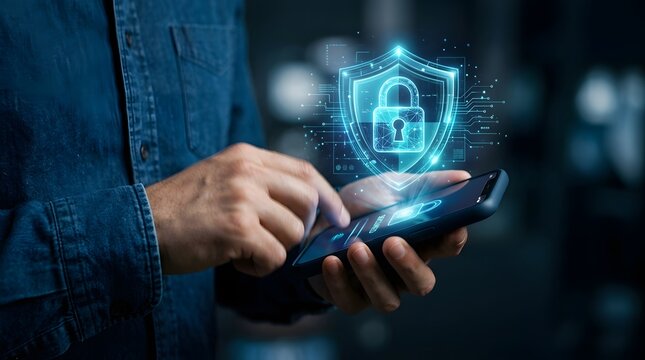 Mobile security concept hand holding smartphone with digital shield and padlock interface