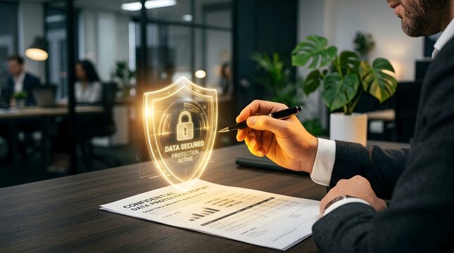 Data security analyst reviewing confidential report with digital shield overlay