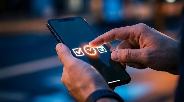 Man using smartphone with task management icons checklist clock and calendar displayed