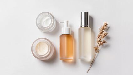 Fototapeta premium Korean skincare beauty product set cream toner serum flat lay white background dried grass, Natural organic K-beauty skincare flatlay with moisturizer pump bottle and dried botanicals