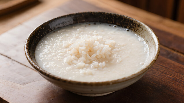 Korean rice porridge juk in ceramic bowl on wooden table warm comfort food, Traditional Korean plain juk congee with soft cooked rice rustic handmade bowl