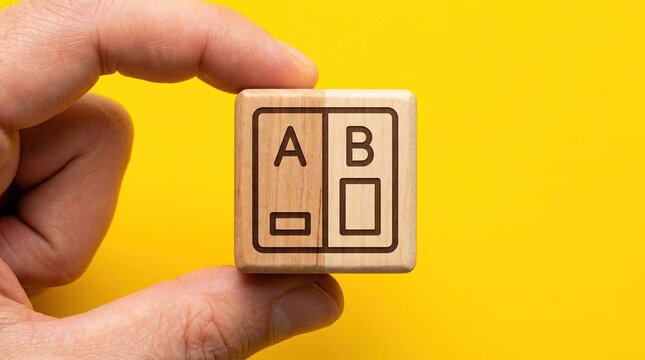 A wooden cube with a bold A/B split-screen creative test icon held by hand on a vivid electric-yellow background, symbolizing ad creative testing and optimization.