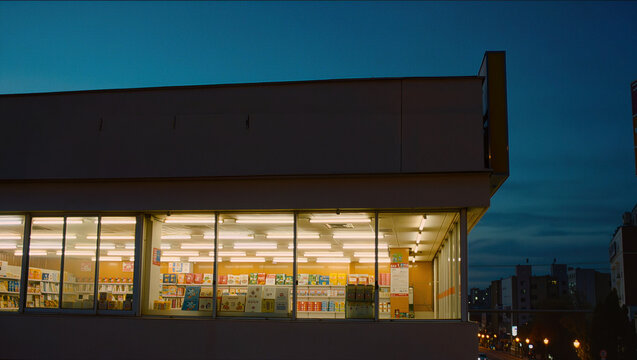 Korean convenience store lit bright at night quiet city street blue twilight sky exterior, 24-hour Korean mini mart glowing interior through large windows at dusk urban