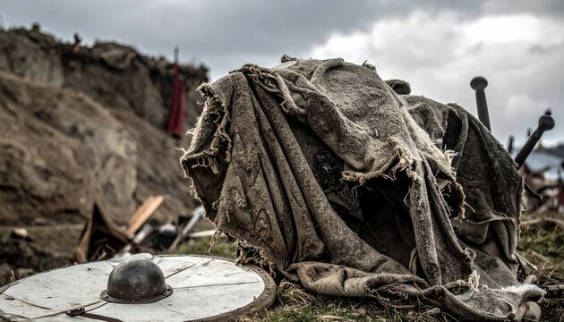 Tattered woolen surcoat draped over historical battlefield gear