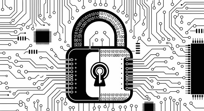 Cyber Security Concept with Digital Padlock and Circuit Board Pattern