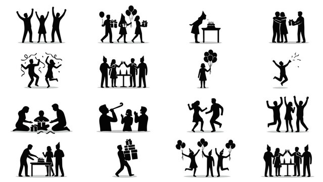 Birthday Celebration Silhouette Collection Featuring Party Balloons Gifts and Joyful Festive Moments