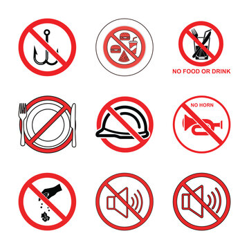 Prohibited action icons set in red circle Vector, illustration