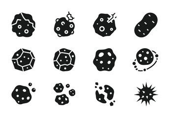 12 Asteroid silhouette icons meteor, comet, space rock, celestial body, flat solid, for astronomy app © Bundleart