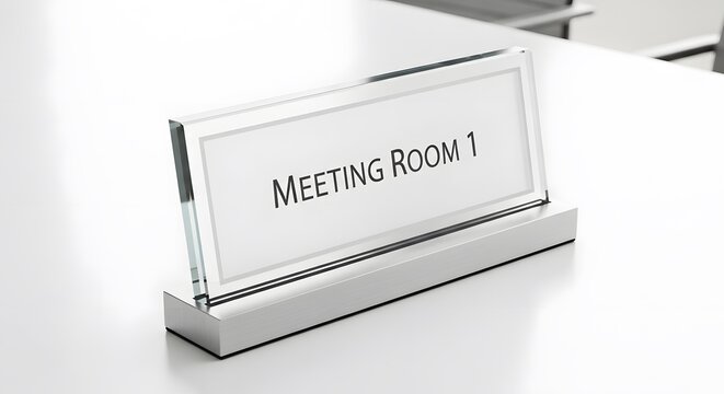 Clear glass name plate sign sitting on a modern office desk for meeting room one identification