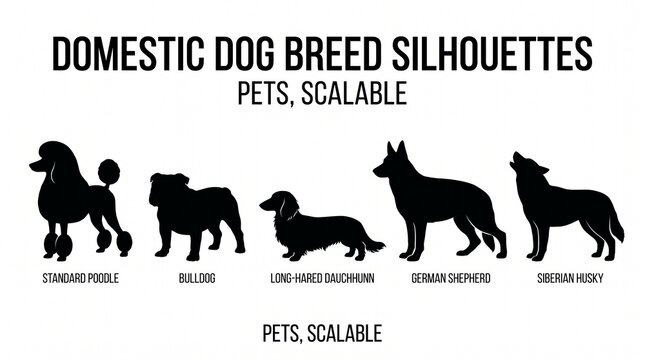 Domestic dog breed silhouettes vector set with poodle bulldog dachshund german