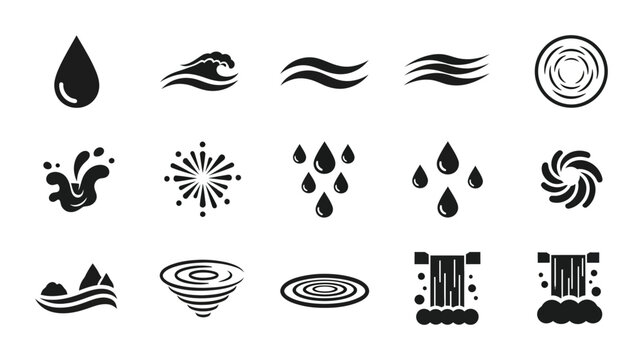 15 Water silhouette icons drop wave splash waterfall whirlpool, flat black, for environment nature projects