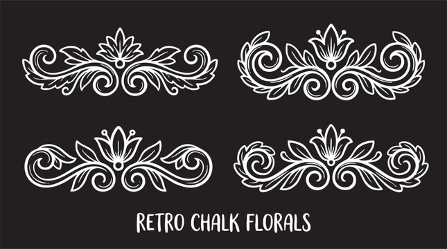 collection of four elegant hand-drawn floral ornaments and decorative scrollwork dividers in a white chalk style. features symmetrical vintage flourishes, leaf motifs, and classic botanical swirls on 