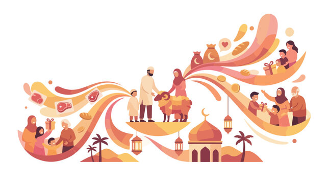 Eid al-Adha celebration with family sacrificing a sheep, sharing gifts and food, symbolizing generosity and community spirit
