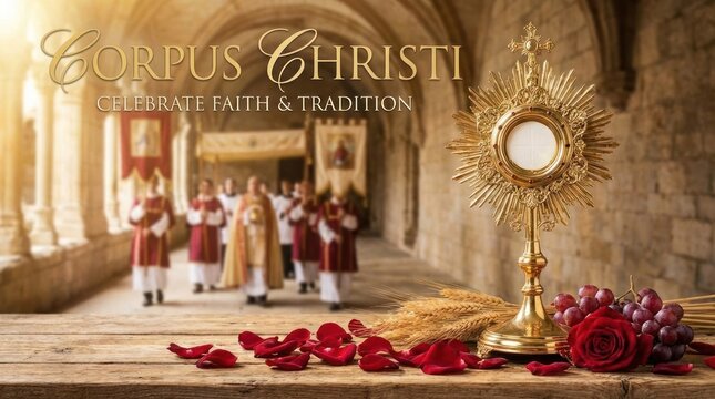 Sacred Christian observance: Corpus Christi, holy communion, sacrament celebrate, Jesus Body, Christ Blood, Catholic Feast, Eucharist symbol, religious worship, monstrance display, divine presence.