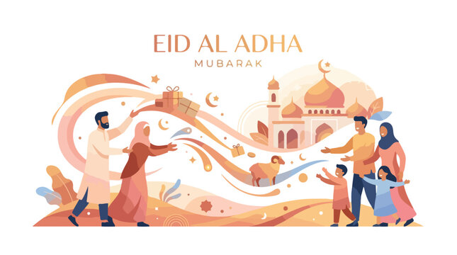 Eid al-Adha Mubarak celebration with happy Muslim families exchanging gifts and blessings near a mosque, symbolizing sacrifice and community joy