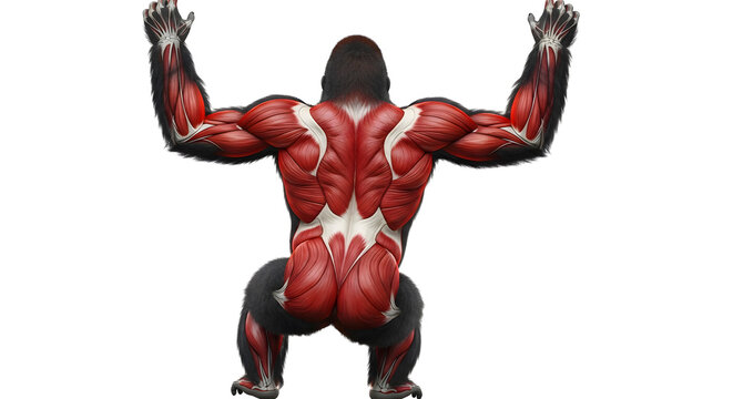 Gorilla musculoskeletal system illustration showing powerful back and arm muscles on white background