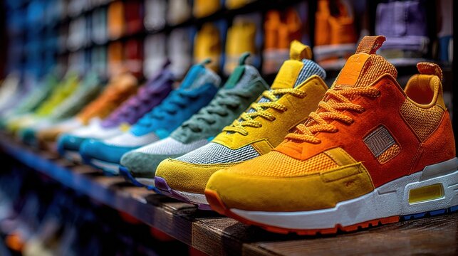 Colorful sneakers are displayed on a shelf in a store during a sunny afternoon in a busy shopping area