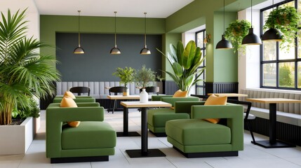 Fototapeta premium Modern cafe interior with green biophilic design and plants