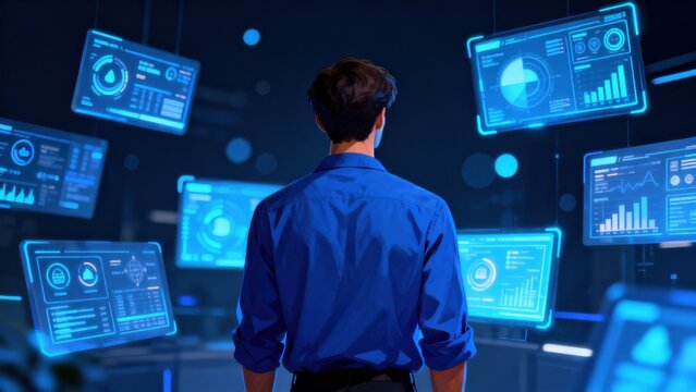Man in blue shirt facing floating screens