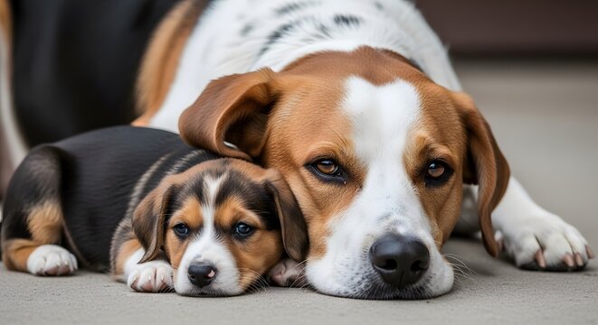 Adorable beagle puppy and its protective parent resting peacefully side by side, showcasing their tender bond and calm companionship together.