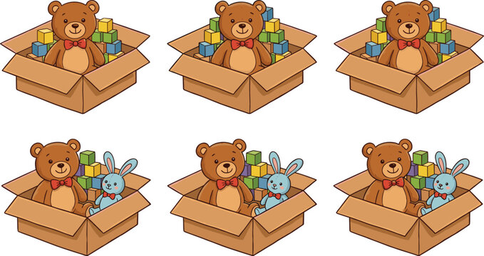 Children's Educational Logic Puzzle Featuring Teddy Bears, Building Blocks, and Bunny Rabbits in Cardboard Toy Boxes for Preschool Learning and Kindergarten Find the Difference Activities