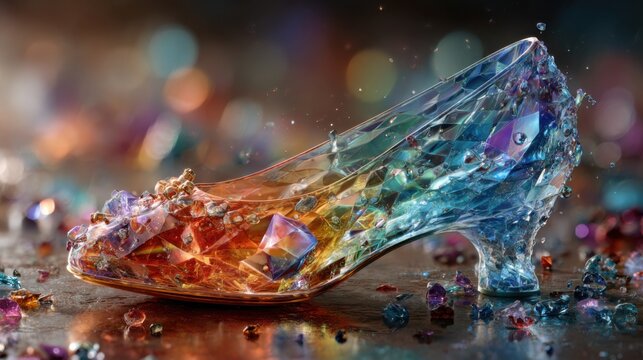 Colorful glass shoe with many gems is on a shiny surface with scattered jewels in a bright setting