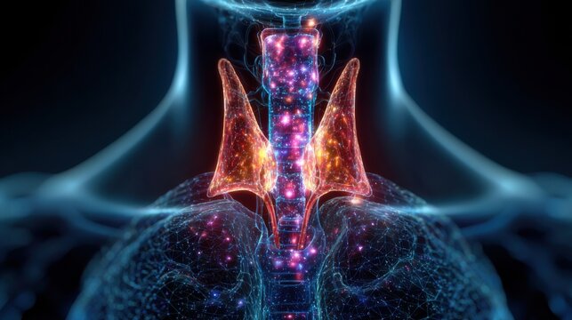 Representation of human anatomy showing the throat and neck area with details of cellular structures in a glow effect