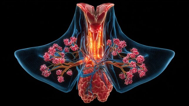 Colorful illustration of human respiratory system showing lungs and airways in clear detail