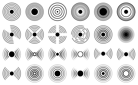 Radial, radar icon set. Circle connection, sonar sound waves icon set. Black radar signal wave icon set with circular pulse and wireless communication symbols pack. Vector illustration. Flat design.