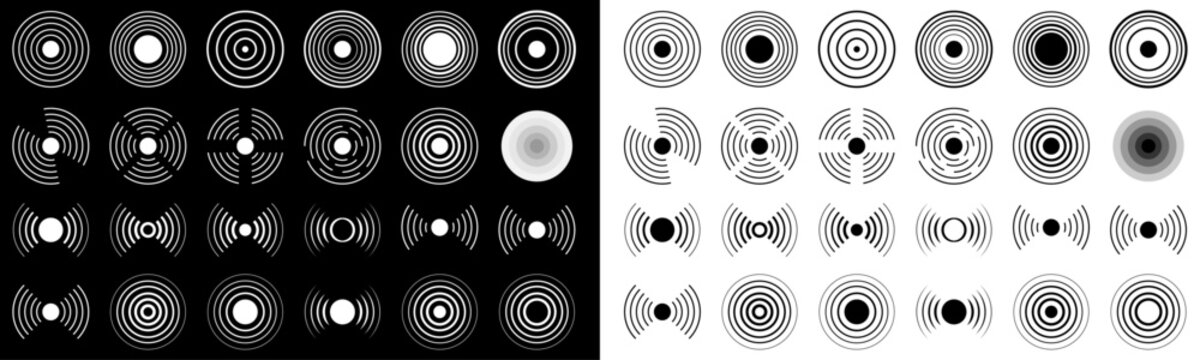 Black and white radar, sonar, and signal wave icon set with circular pulse communication symbols. Set of radio wave and signal icons. Internet connection and radiation icons. Vector illustration.