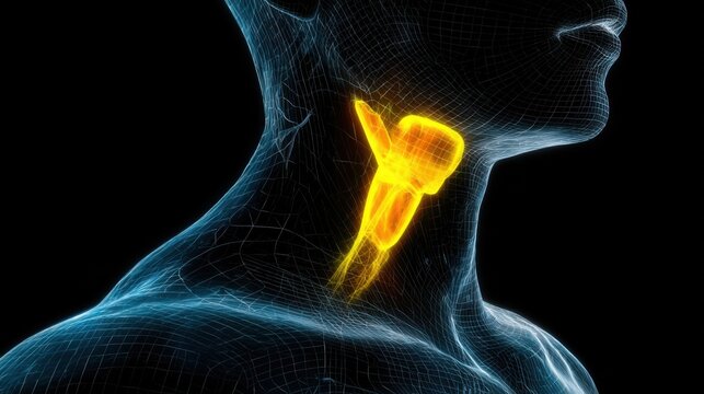 3D model showing human larynx in neck area with focus on its structure and position during anatomical study