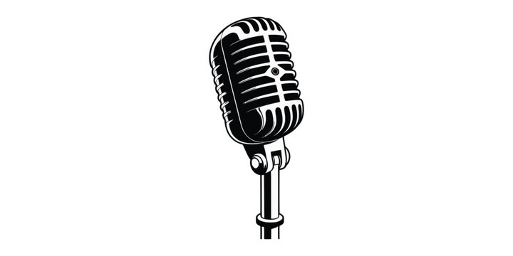 Vintage Chrome Radio Microphone isolated on white background for studio broadcast retro music and classic stage vocal performance concept design.