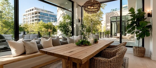 Fototapeta premium A dining space with a large table, outdoor view, and stylish d?cor