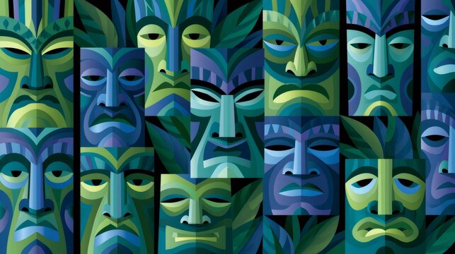 Polynesian tiki masks tribal art seamless pattern