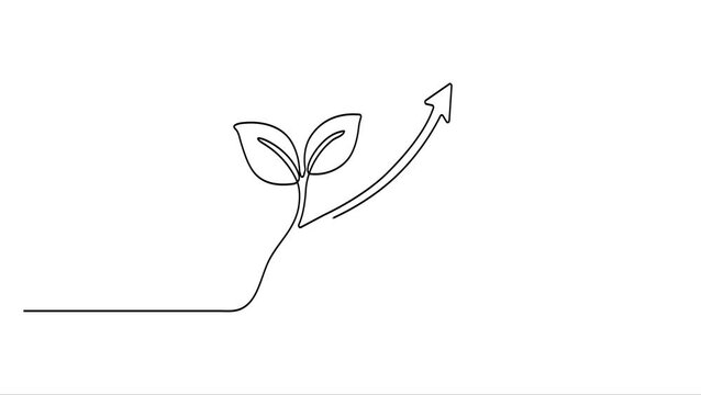 Animated self drawing Continuous one line drawing of Minimalist line art plant growth, upward trend arrow, simple icon