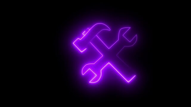 Tools, hammer, wrench, repair, maintenance, settings, construction, industry, service, neon, glow, icon, symbol, technology, motion graphics, animation, loop, black background, engineering,4k video