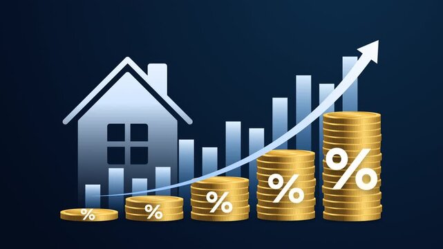 Real estate investment and mortgage interest rates with stacked gold coins, percentage symbols and bar chart. Illustrating property value growth, investment returns, loan and housing market trends