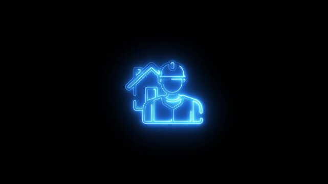 Blue neon outline of a construction worker in front of a house on a black background Keywords: construction, worker, builder, house, home, building, architect, engineer, safety, helmet, icon