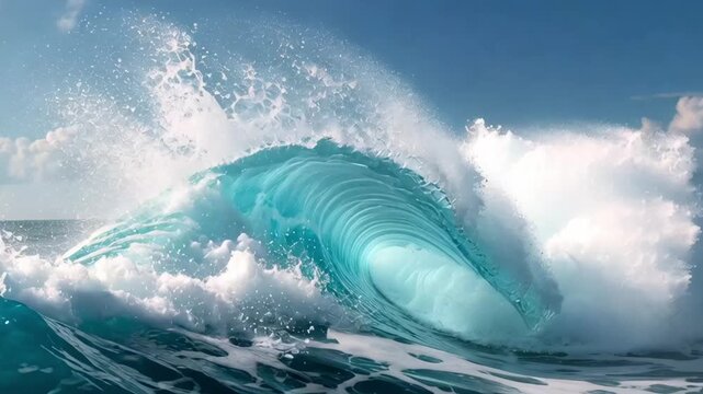 Slow motion tracking shot of ocean wave curling and breaking with turquoise barrel in open sea under clear daytime sky