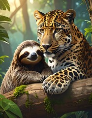 Fototapeta premium Sloth and leopard jungle friends resting.
