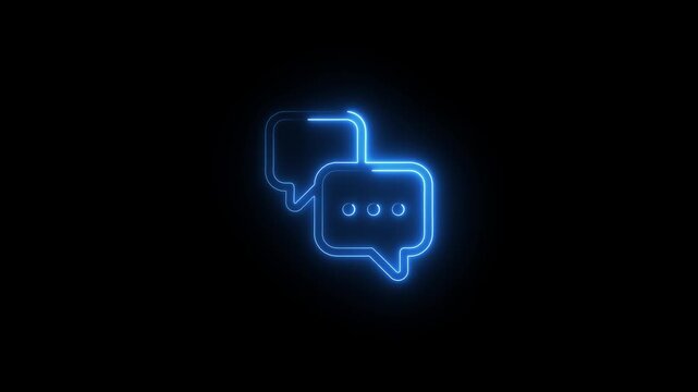 Two overlapping blue neon speech bubbles with dots on a black background Keywords: speech, bubble, chat, message, communication, dialogue, talk, conversation, icon, symbol, outline, glowing, blue