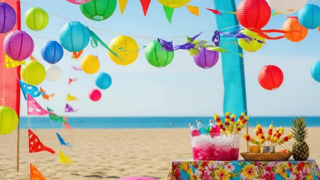 Colorful party decorations on a sandy beach against blue sky and ocean