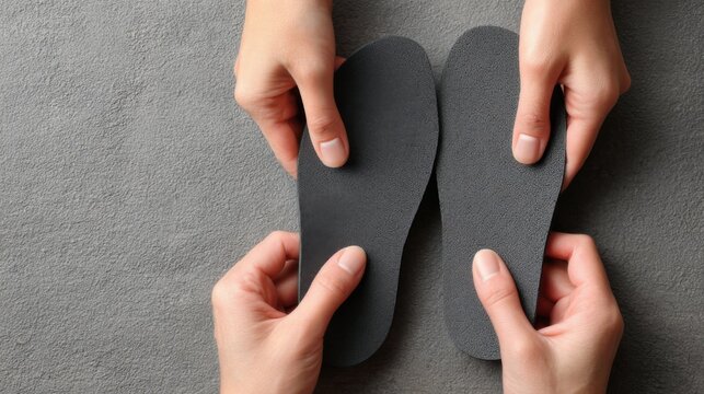 Proper fitting of shoe insoles with two hands on a gray surface