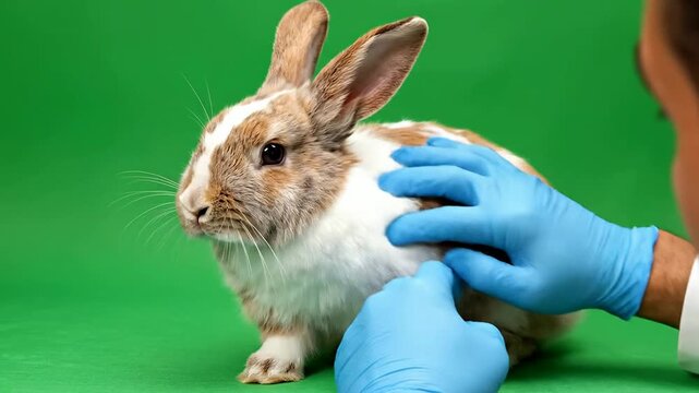 Veterinarian Examining A Pet Rabbit With Gloved Hands On Green Chroma Key Background For Veterinary Care