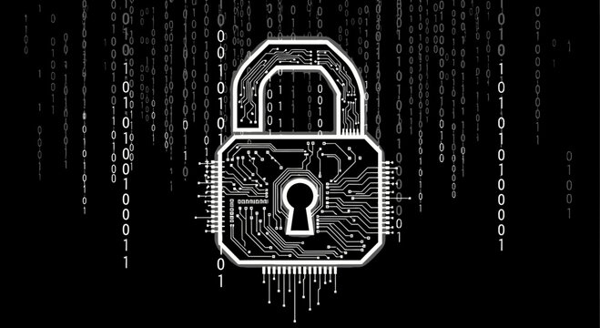 Digital Security Concept with Circuit Board Padlock and Binary Code Matrix