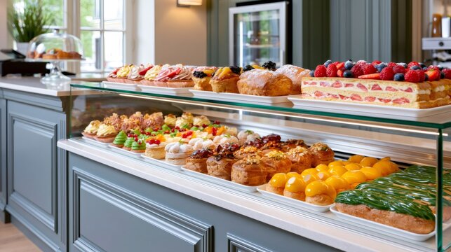 Assorted pastries and cakes in a bakery display case