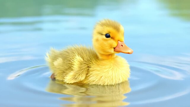 A small yellow duckling swims peacefully on calm water surface outdoors