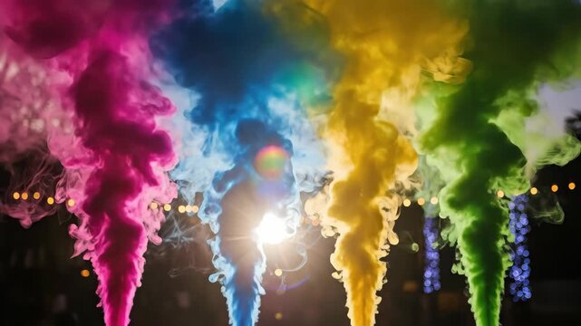 Colorful smoke plumes rising against sunlight