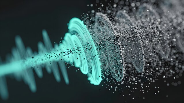 18. A macro close-up of an abstract signal filtering construct showing multiple noise reduction stages, individual particles being filtered into prioritized streams, glowing cyan signal preserved whil